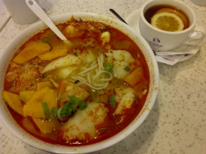 tom yum soup, rice noodle, fish filet and pumpkin