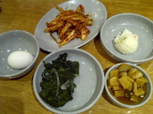 Korean kimchi, mashed potato, and seaweed