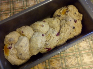 cranberry bread dough in loaf pan