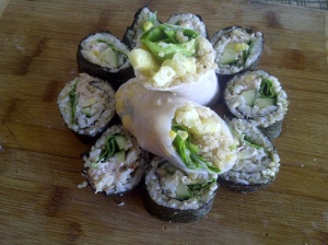 Sushi rolls and salad rolls 