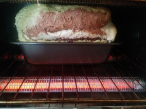 baking loaf of matcha and chocolate bread