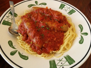 Spaghetti and meat sauce with sausage