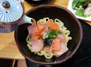 soup on sashimi and udon