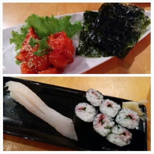 Ume shiso roll and Spicy salmon sashimi