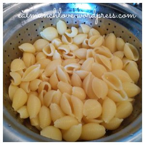 shell pasta in colander