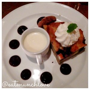 Blueberry bread pudding with cream