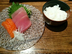 tuna and salmon sashimi with rice